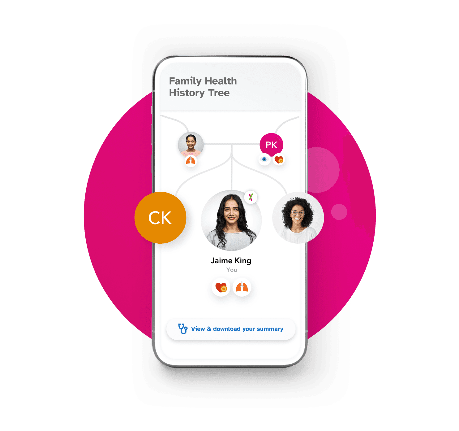 Mobile view of Family Health History Tree for Jaime King, who is pictured as one of three children in a pedigree-style family tree with colorful circles, pictures or initials, and health condition icons for different people in the tree. Parents show heart, lung, and eye icons. Jamie shows heart and lung icons. Button at bottom to "View and download your summary"