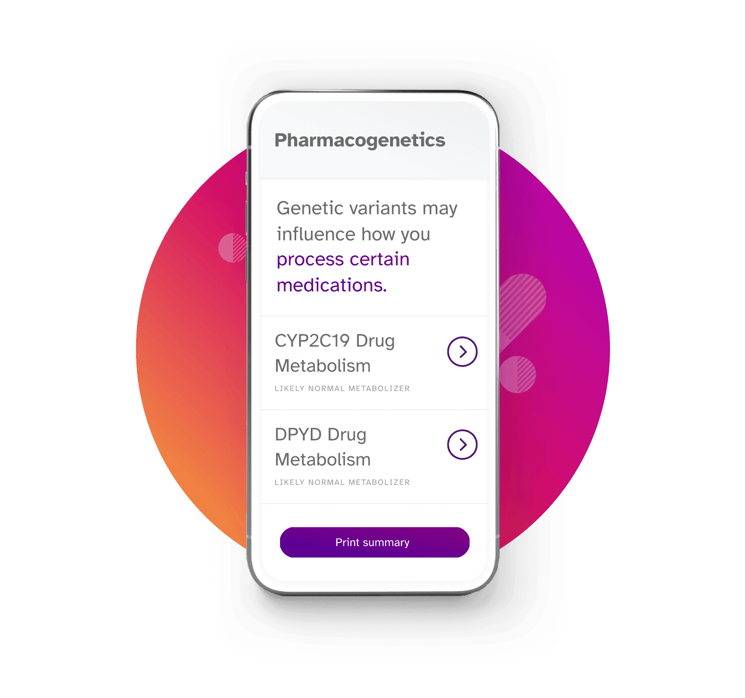 Phone screen showing Pharmacogenetics reports. These reports test for genetic variants that may influence how you process medications. The examples shown are the CYP2C19 Drug Metabolism report (likely normal metabolizer result) and the DPYD Drug Metabolizer report (likely normal metabolizer).