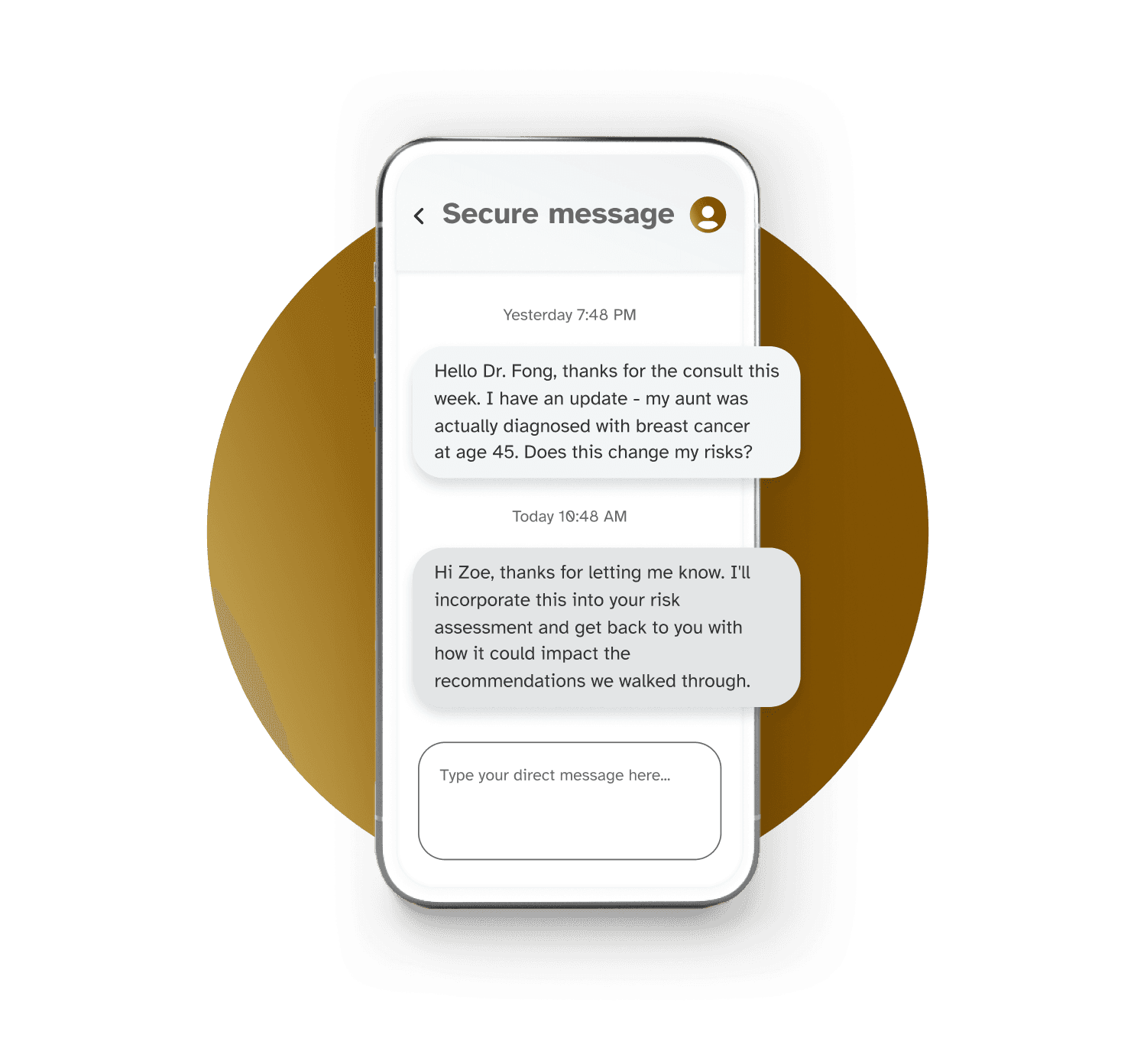 A secure message thread between Zoe and her doctor about her family health history.